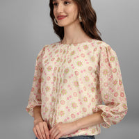 RY Cream Floral Puff Sleeve Top