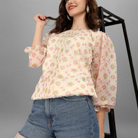RY Cream Floral Puff Sleeve Top