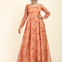 RY Orange Floral Printed Organza Umbrella Gown for Special Day /Gift For Birthday