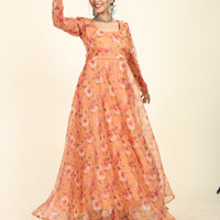 RY Orange Floral Printed Organza Umbrella Gown for Special Day /Gift For Birthday