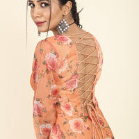 RY Orange Floral Printed Organza Umbrella Gown for Special Day /Gift For Birthday