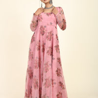 RY Pink Floral Printed Organza Umbrella Gown for Special Day /Gift For Birthday