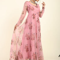 RY Pink Floral Printed Organza Umbrella Gown for Special Day /Gift For Birthday