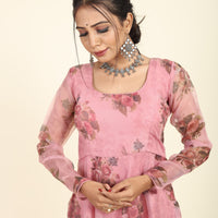 RY Pink Floral Printed Organza Umbrella Gown for Special Day /Gift For Birthday