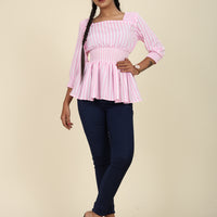 Pink And White Striped Cinched Waist Top For Her