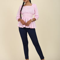 Pink And White Striped Cinched Waist Top For Her