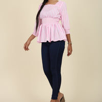 Pink And White Striped Cinched Waist Top For Her