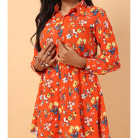 RY Orange And Multi Colour Floral printed Belted Shirt Dress for Casual/gift for her