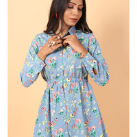 RY Grey And Multi colour Floral printed Belted Shirt Dress for Casual/gift for her