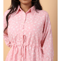 RY Light Pink And White Floral printed Belted Shirt Dress for Casual/gift for her