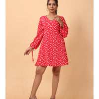 RY Wrap Red Floral printed V-neck mini dress for Casual/gift for her