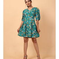 RY Green printed V-neck Fit & Flare Box Pleat mini dress for Casual/gift for her