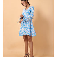RY Wrap Light Sky Floral printed V-neck mini dress for Casual/gift for her