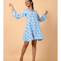 RY Wrap Light Sky Floral printed V-neck mini dress for Casual/gift for her