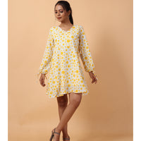 RY Wrap Light Yellow Floral printed V-neck mini dress for Casual/gift for her