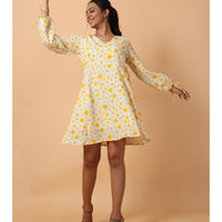 RY Wrap Light Yellow Floral printed V-neck mini dress for Casual/gift for her