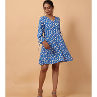 RY Wrap Blue Floral printed V-neck mini dress for Casual/gift for her