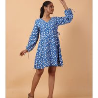 RY Wrap Blue Floral printed V-neck mini dress for Casual/gift for her