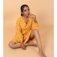 RY Wrap Yellow Floral printed V-neck mini dress for Casual/gift for her
