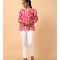 RY Pink Long Sleeve Floral Printed Top for Office Wear/gift for her