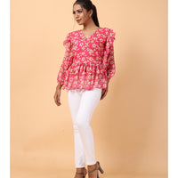 RY Pink Long Sleeve Floral Printed Top for Office Wear/gift for her
