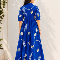 RY Closet Royal Blue V-neck Embroidered designed Maxi Dress, khadi cotton for comfort and everyday style. beautiful floral, leaf and vine embroidery fresh and feminine look.