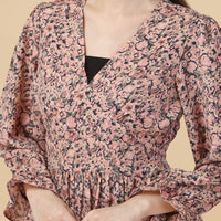 RY Blush And Black Smoked Deep V-Neck Mini Dress for Casual /Gift For Birthday