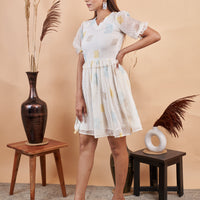RY White Butti Block Printed Mini Dress for Casual /Gift For Her