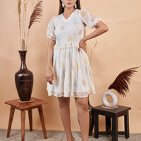 RY White Butti Block Printed Mini Dress for Casual /Gift For Her