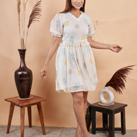 RY White Butti Block Printed Mini Dress for Casual /Gift For Her