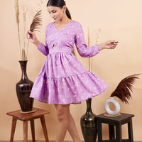 RY Purple Cut out Printed Mini Dress for Partywear /Gift For Birthday