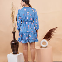 RY Blue Floral Mini Dress for Casual /Gift For Birthday