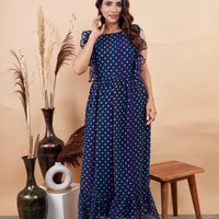 RY Nevy Blue Polka Dot Printed Maxi Dress for Casual /Gift For Birthday