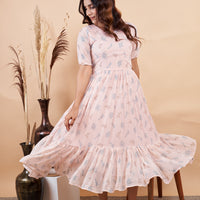 RY Baby Pink Leaf Printed Maxi Dress for Casual /Gift For Birthday