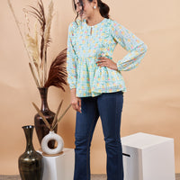 RY Puff Sleeves Floral Printed Top for Casual /Gift For Her