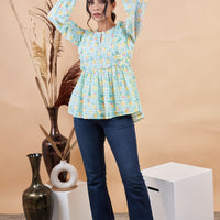 RY Puff Sleeves Floral Printed Top for Casual /Gift For Her