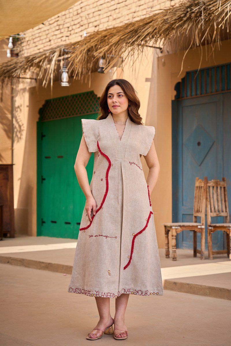 Cotton Jute Embroidery Designer One Piece