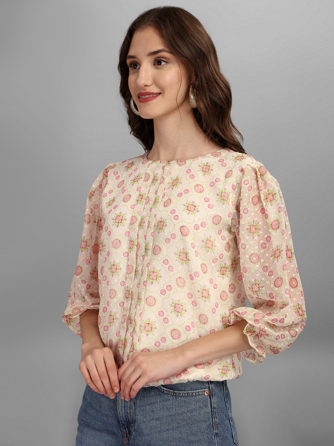 RY Cream Floral Puff Sleeve Top