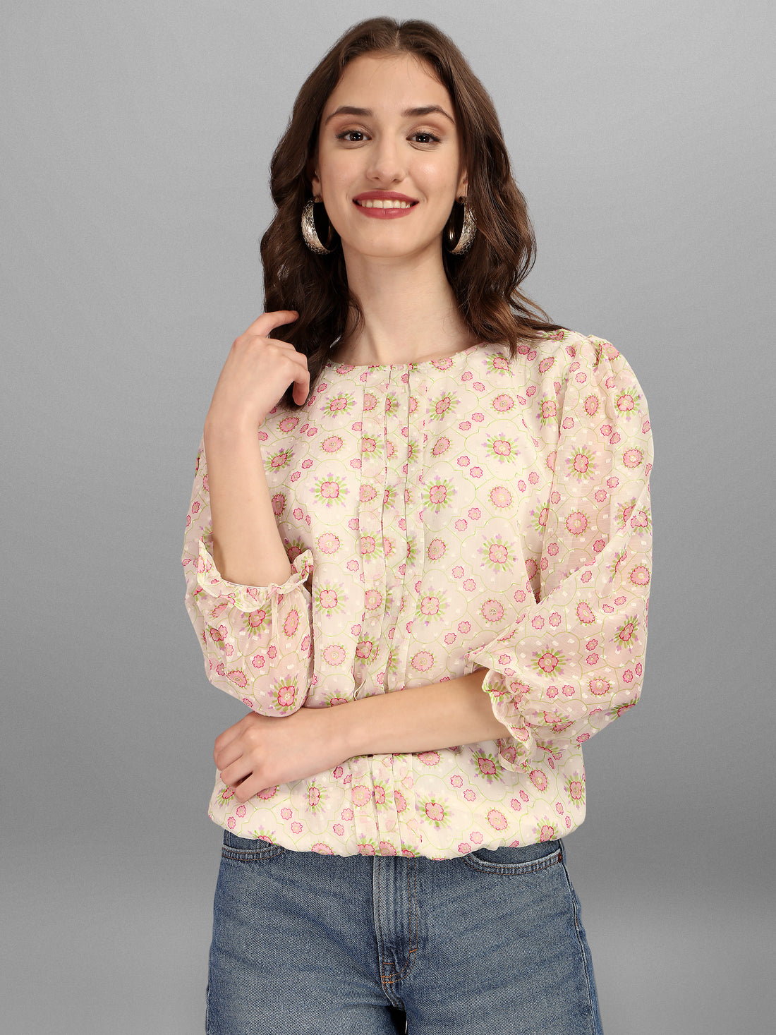 RY Cream Floral Puff Sleeve Top