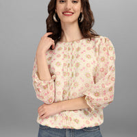 RY Cream Floral Puff Sleeve Top
