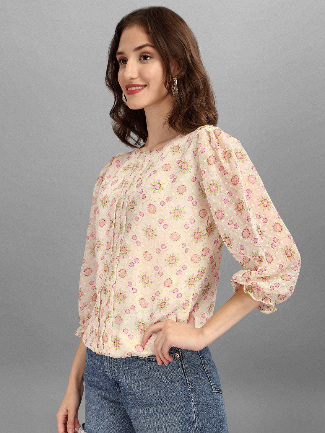 RY Cream Floral Puff Sleeve Top