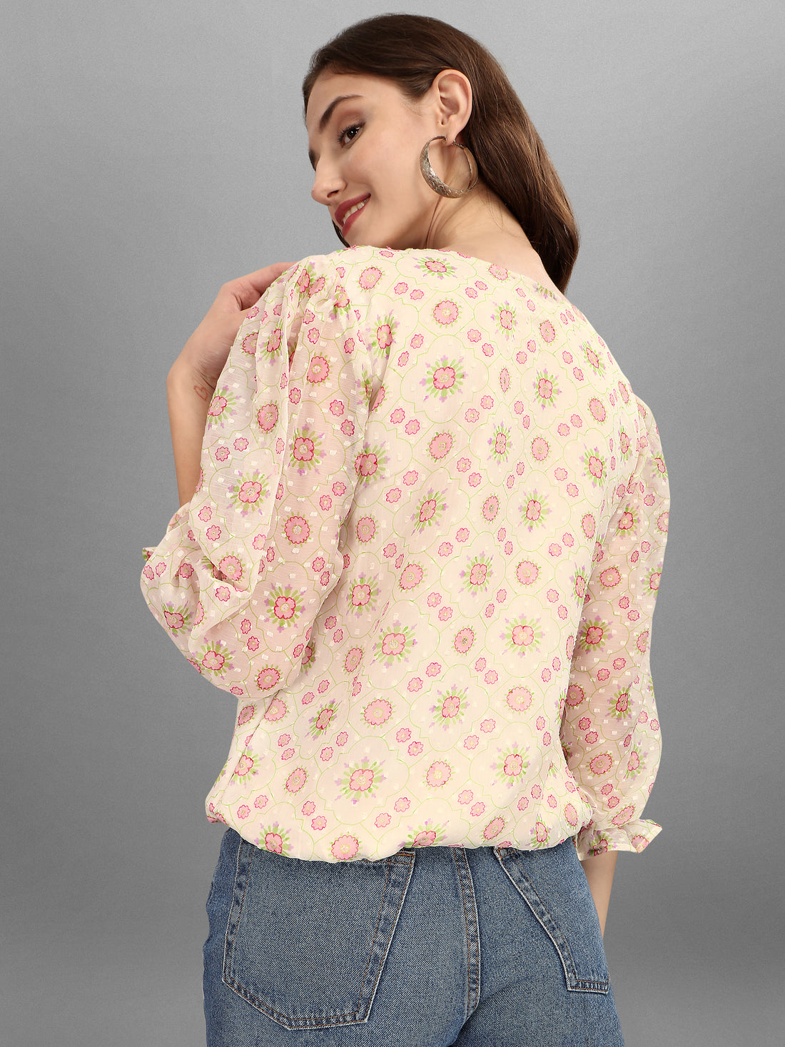 RY Cream Floral Puff Sleeve Top