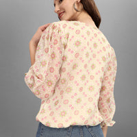 RY Cream Floral Puff Sleeve Top