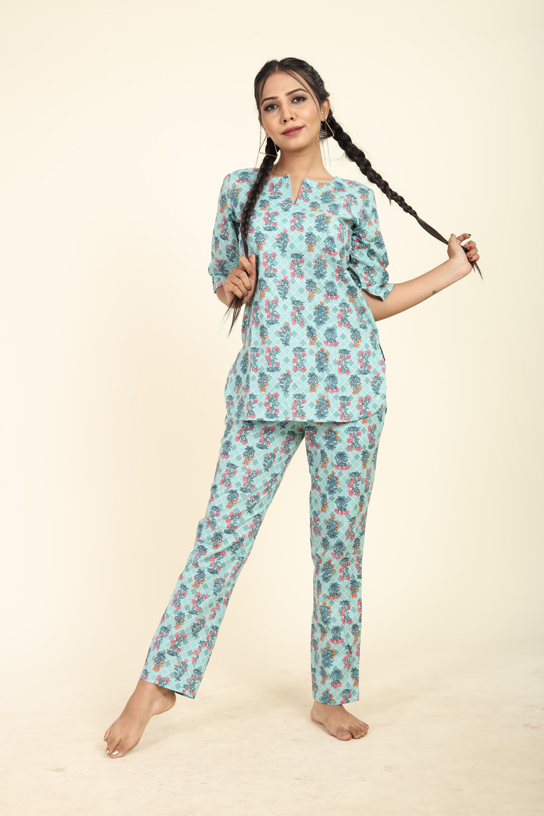 RY Light Sky Cotton Floral Printed Co-Ords