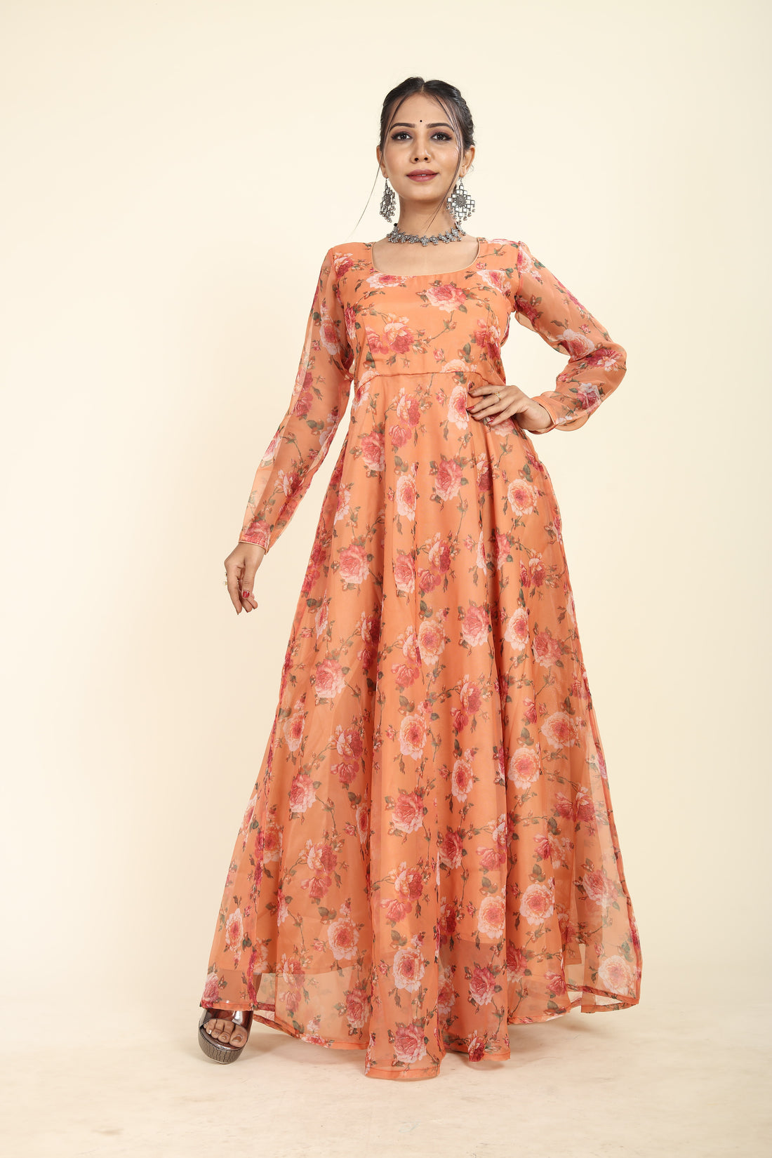 RY Orange Floral Printed Organza Umbrella Gown for Special Day /Gift For Birthday