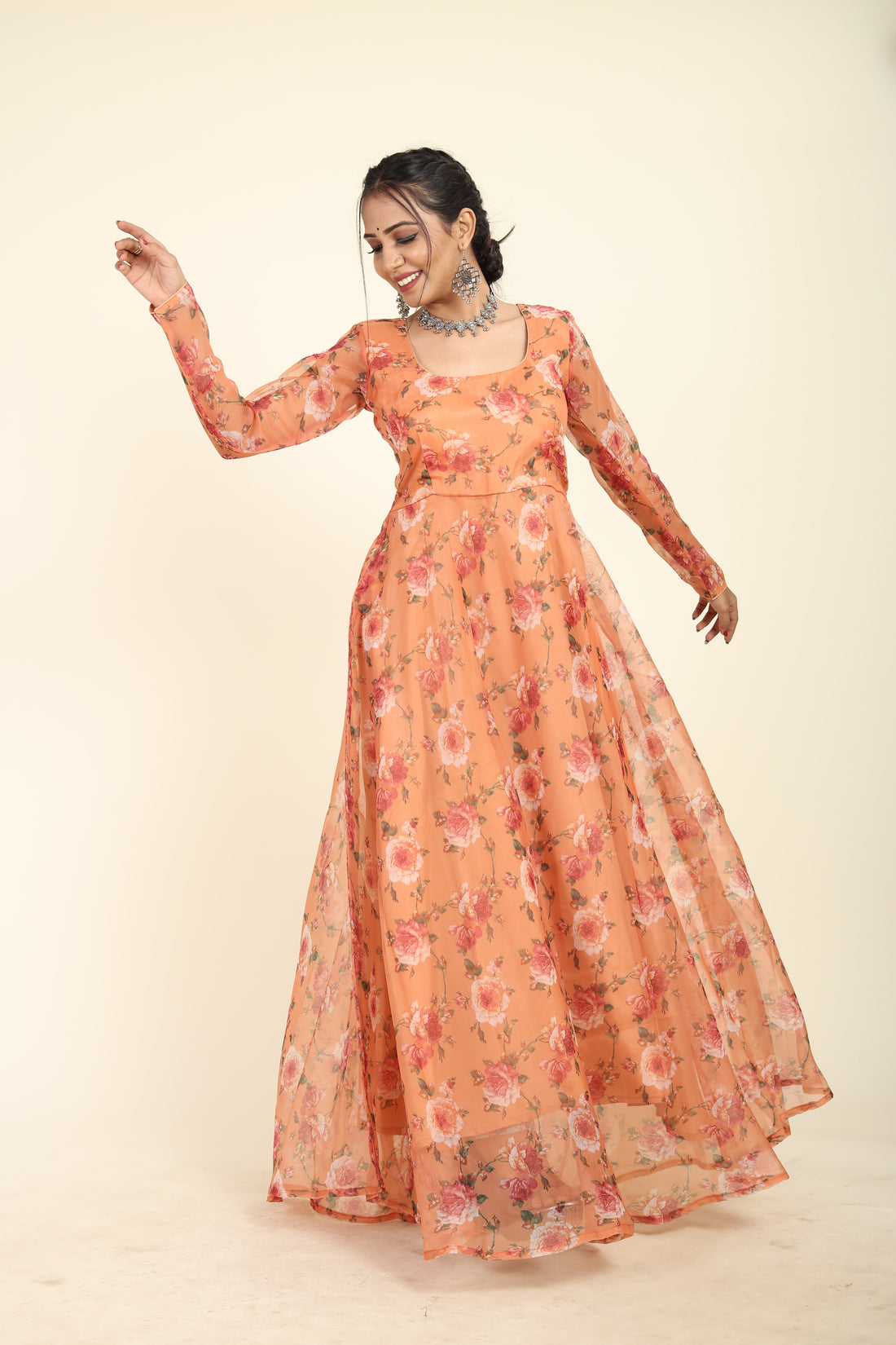 RY Orange Floral Printed Organza Umbrella Gown for Special Day /Gift For Birthday