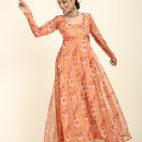 RY Orange Floral Printed Organza Umbrella Gown for Special Day /Gift For Birthday