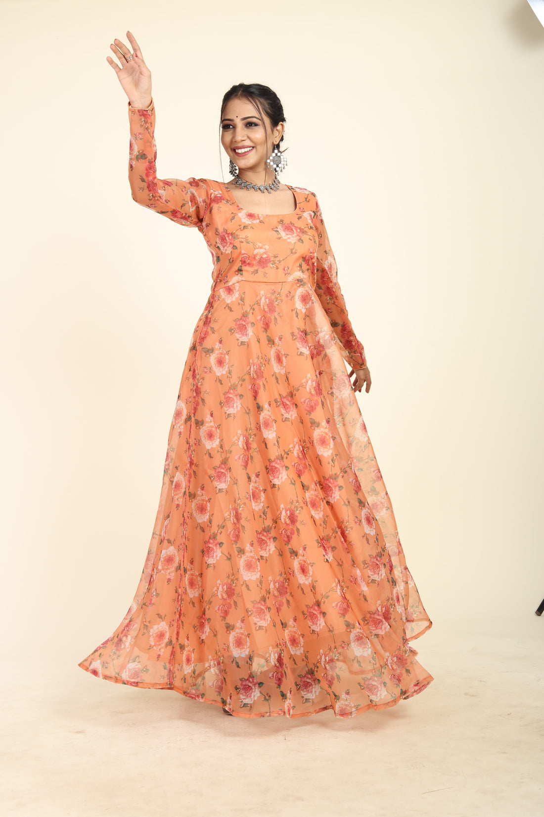 RY Orange Floral Printed Organza Umbrella Gown for Special Day /Gift For Birthday