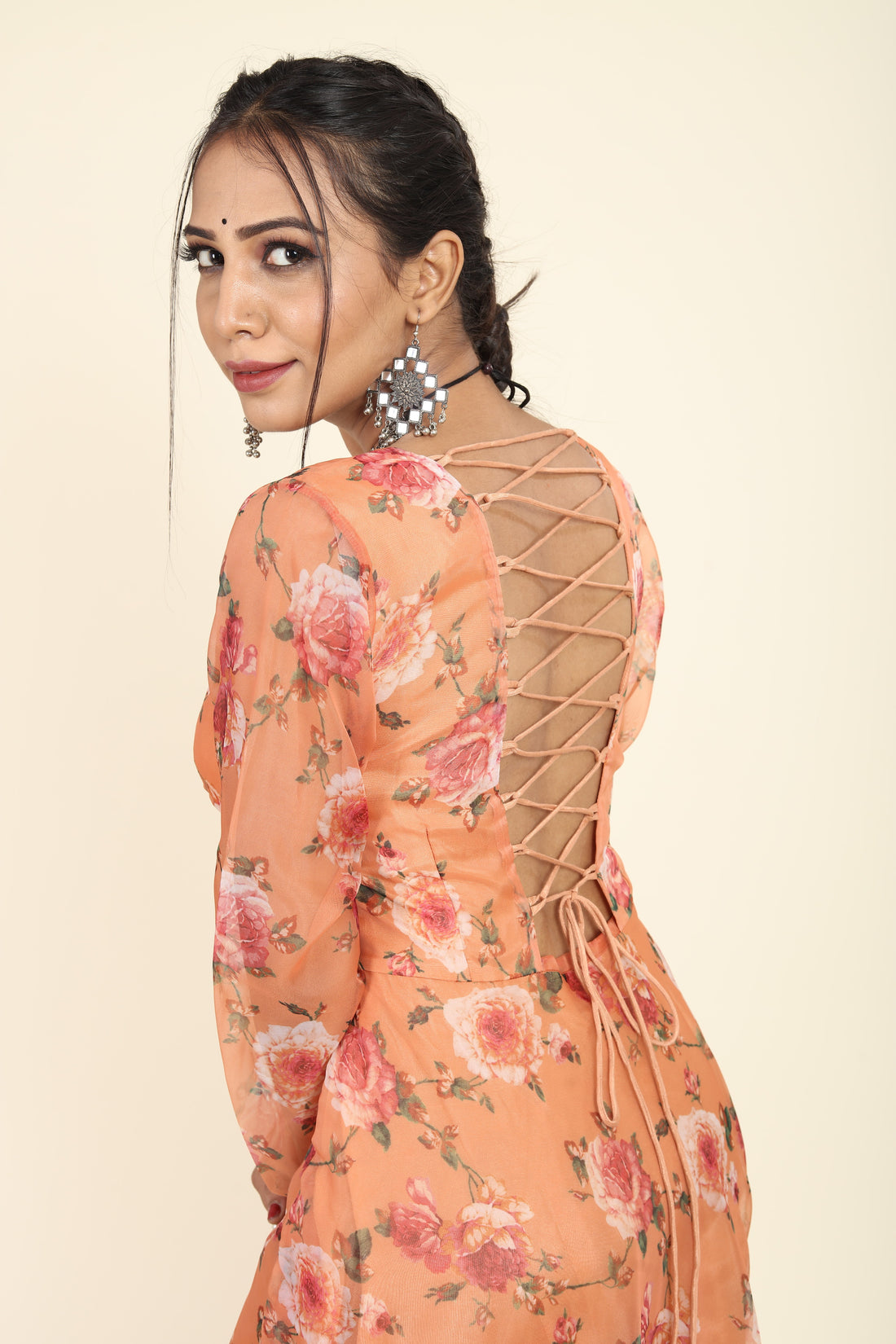 RY Orange Floral Printed Organza Umbrella Gown for Special Day /Gift For Birthday