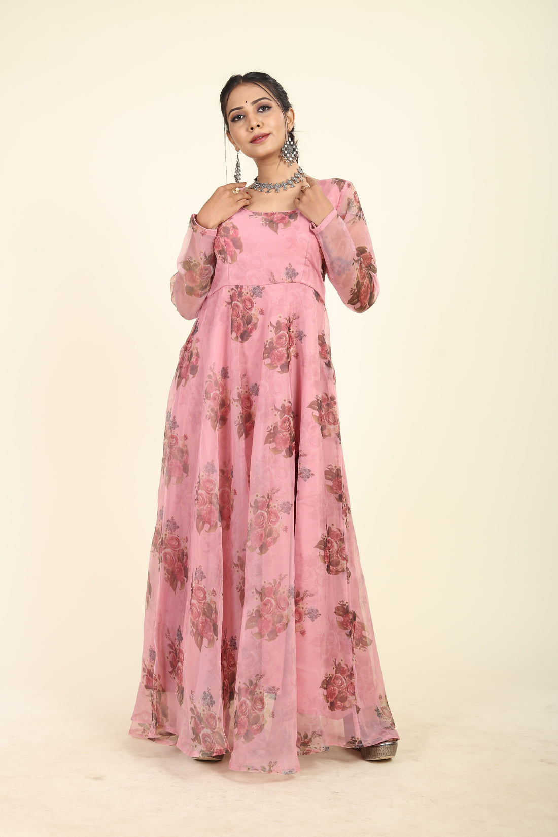 RY Pink Floral Printed Organza Umbrella Gown for Special Day /Gift For Birthday